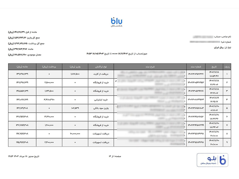 نمونه گردش حساب